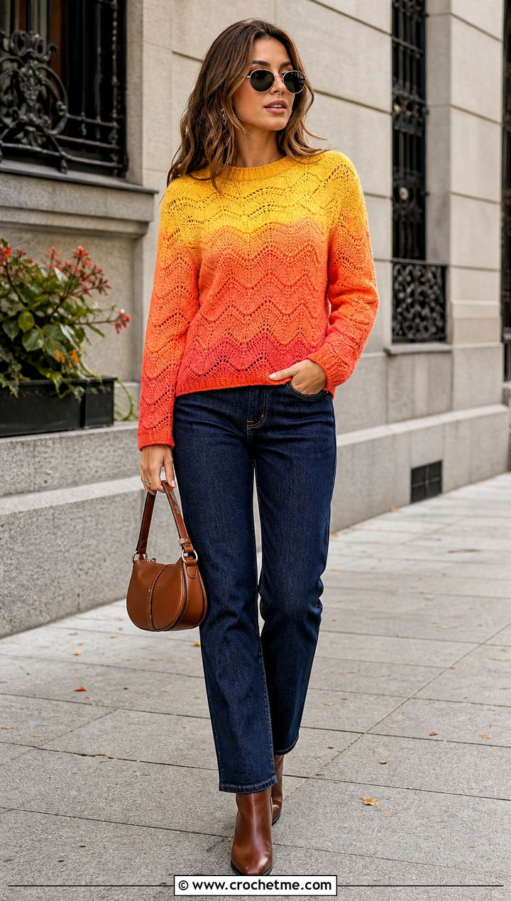 Ombre Wave Crochet Sweater With Dark Wash Denim - 25 handmade crochet sweater outfit ideas