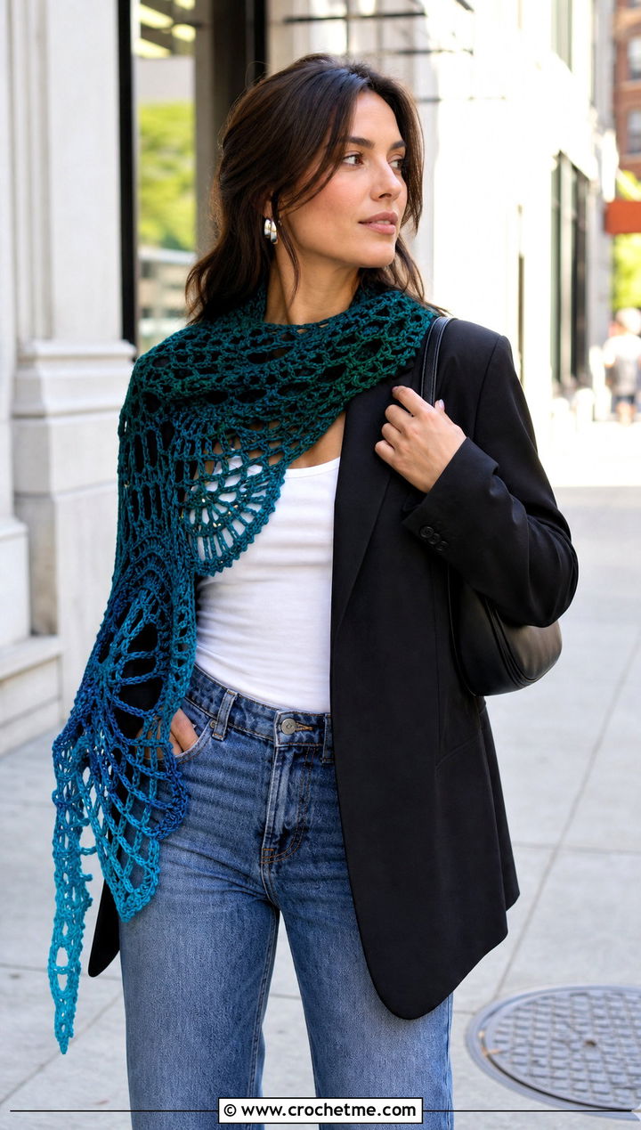 Ombre Web Asymmetric Crochet Halloween Shawl With Blazer - 20 Crochet Halloween Shawl outfit ideas