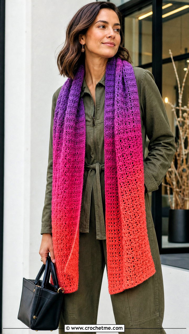 Ombre Wide Scarf With Jumpsuit And Ankle Boots - 20 Crochet Wide Scarf outfit ideas