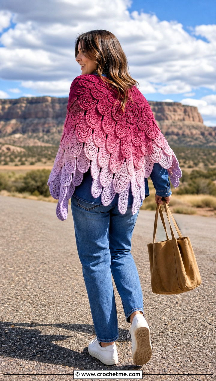 Ombre Wing Shawl With Canadian Tuxedo - 30 Crochet Wing Shawl outfit ideas