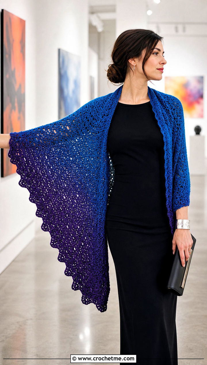 Ombre Wingspan Shawl With Minimal Black Outfit - 15 Crochet Wingspan Shawl outfit ideas