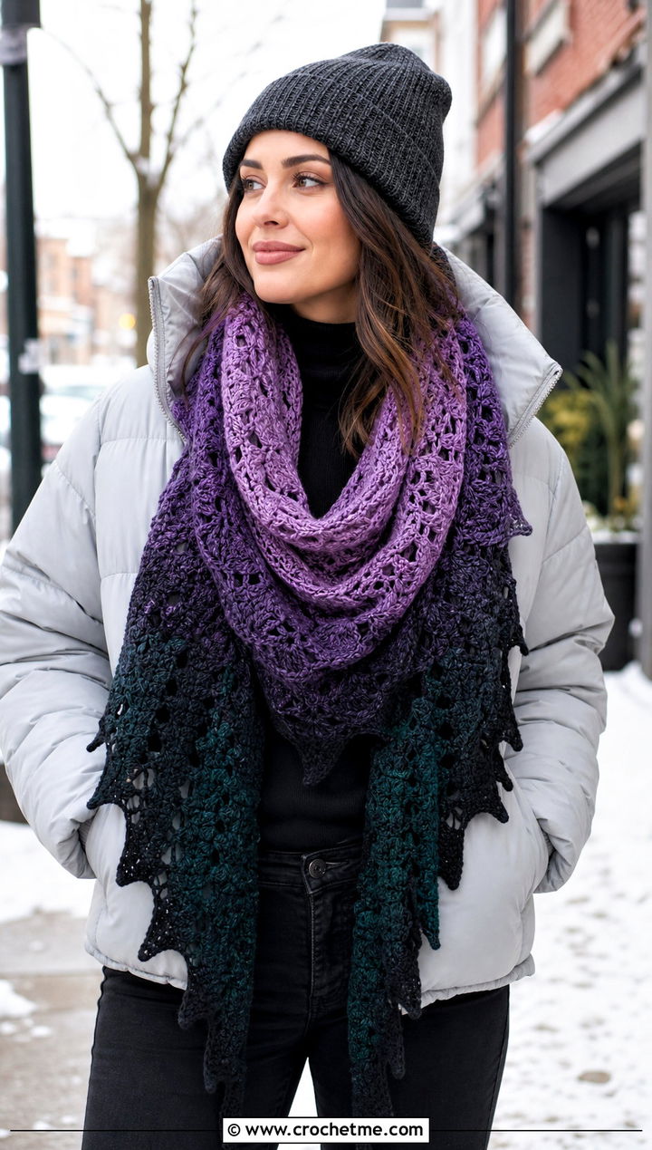 Ombre Witchy Halloween Scarf With Puffer Coat - 20 crochet halloween scarf outfit ideas