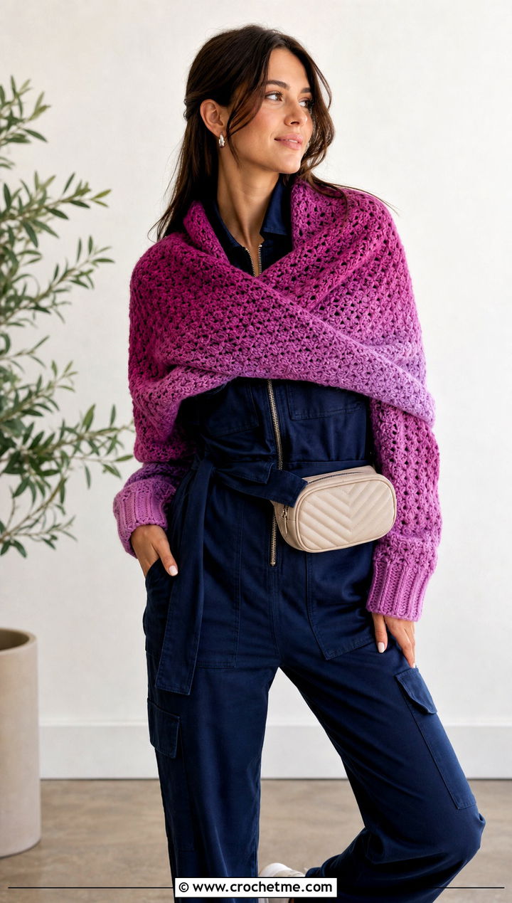 Ombre Wrap Me Up Crochet Sweater Scarf With Utility Jumpsuit - 15 Wrap Me Up Crochet Sweater Scarf outfit ideas