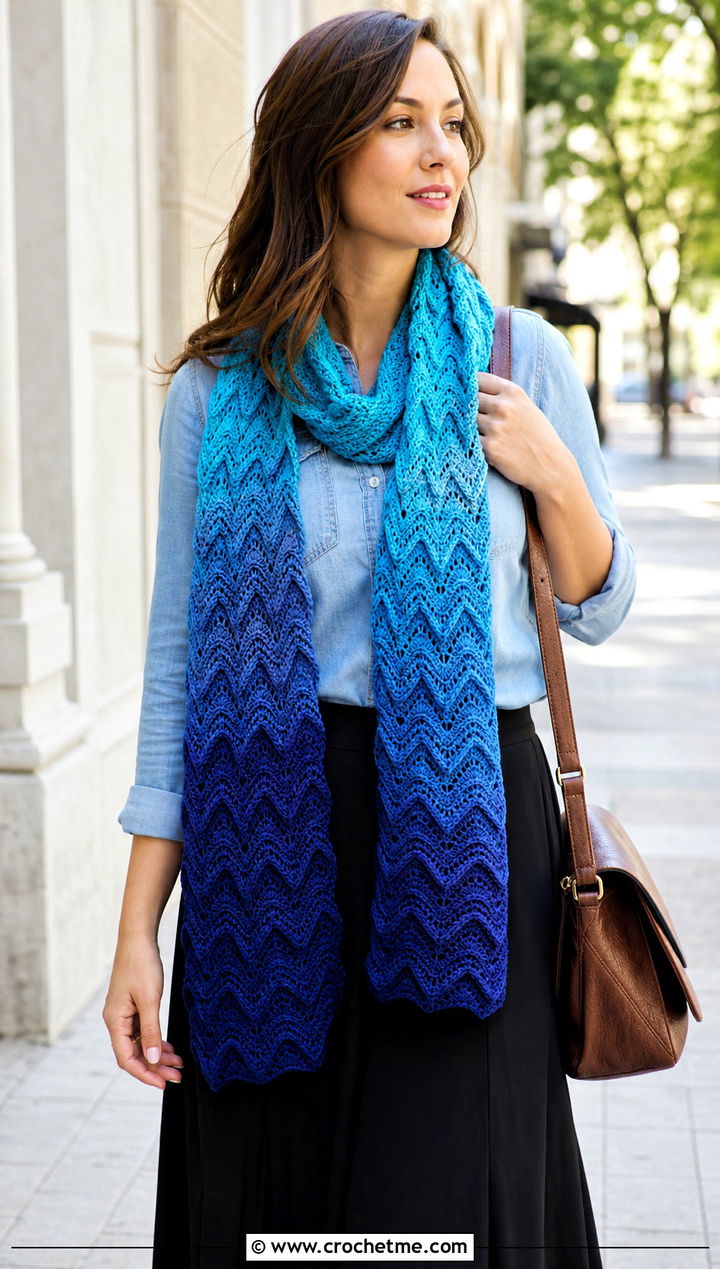 Ombre Zig Zag Crochet Scarf With Denim Shirt - 25 Zig Zag Crochet Scarf outfit ideas