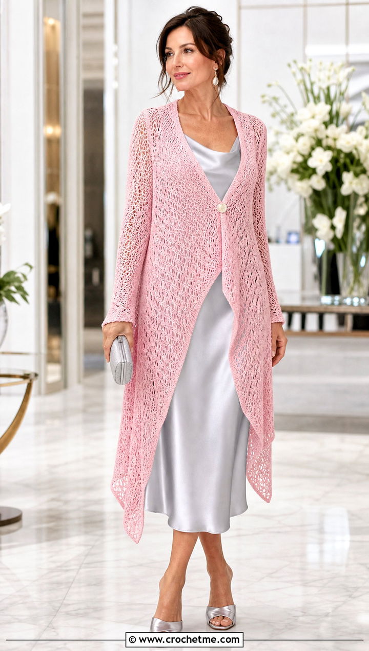One Button Drape Crochet Asymmetrical Cardigan With Slip Dress - 30 crochet asymmetrical cardigan outfit ideas
