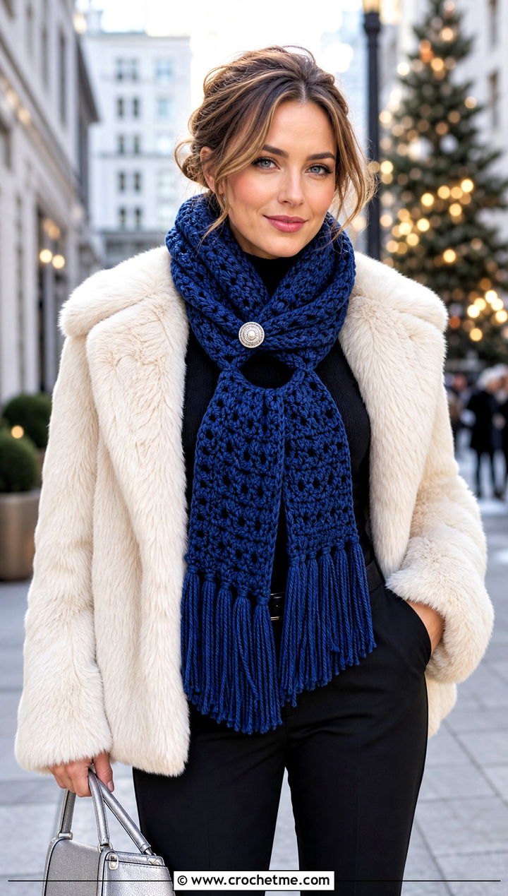 One Button Winter Wishes Crochet Scarf With Faux Fur Coat - 15 Winter Wishes Crochet Scarf outfit ideas