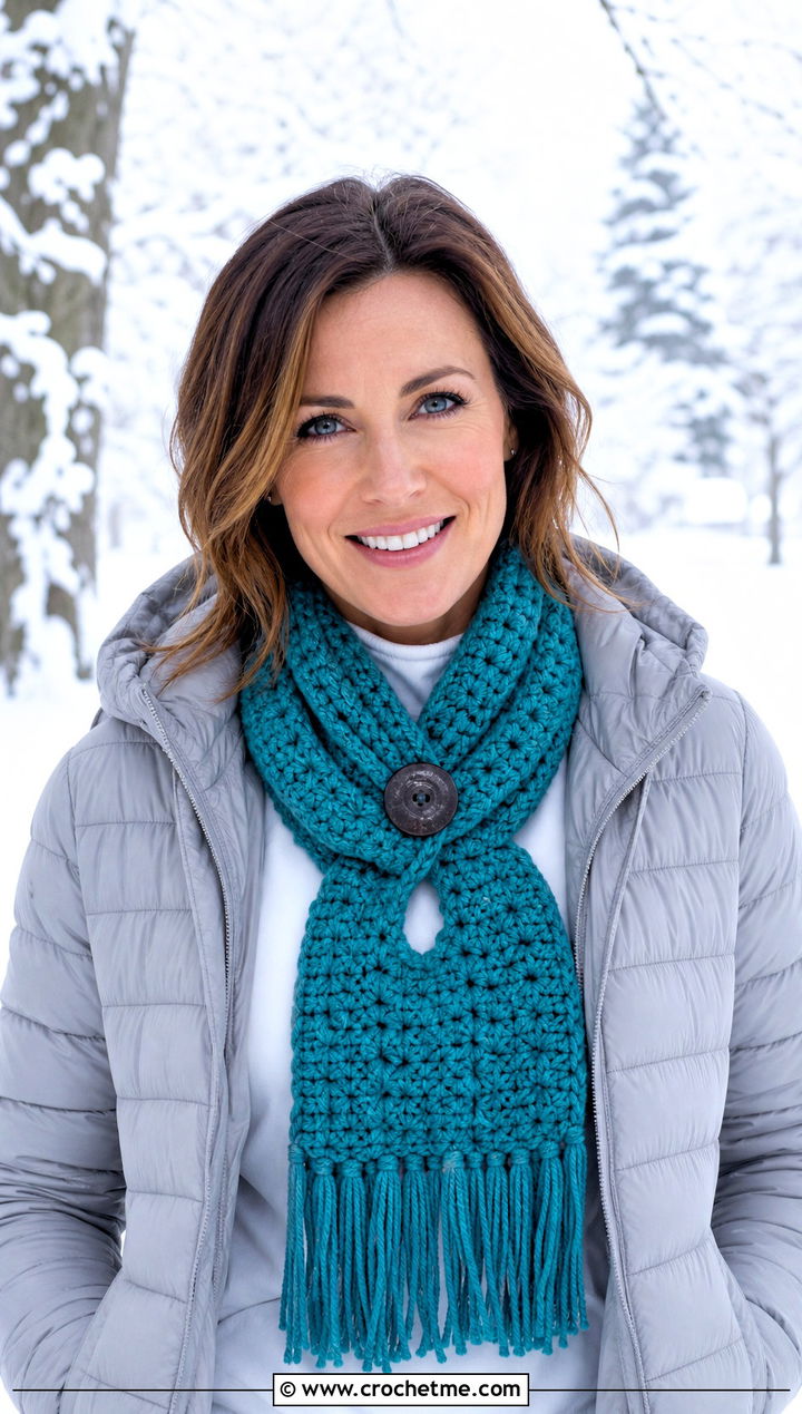 One Button Winter Wishes Crochet Scarf With Puffer Jacket - 15 Winter Wishes Crochet Scarf outfit ideas