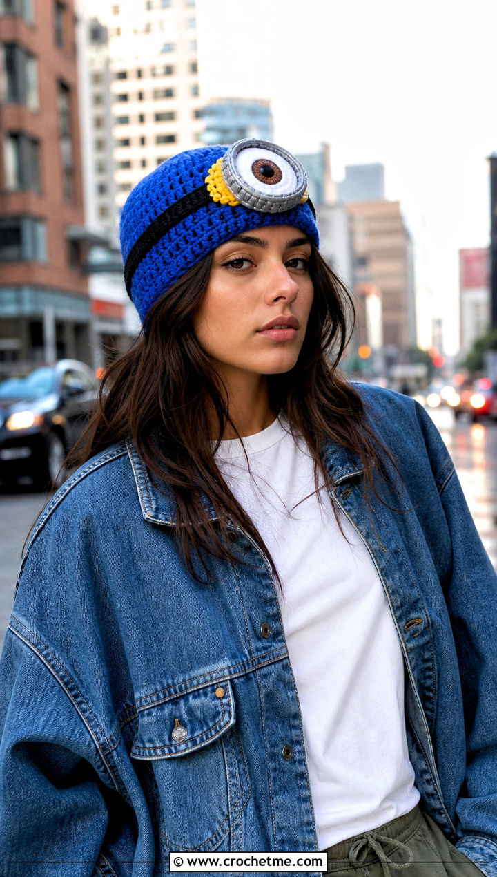 One Eye Crochet Minion Beanie With Denim Jacket - 20 Crochet Minion Hats outfit ideas