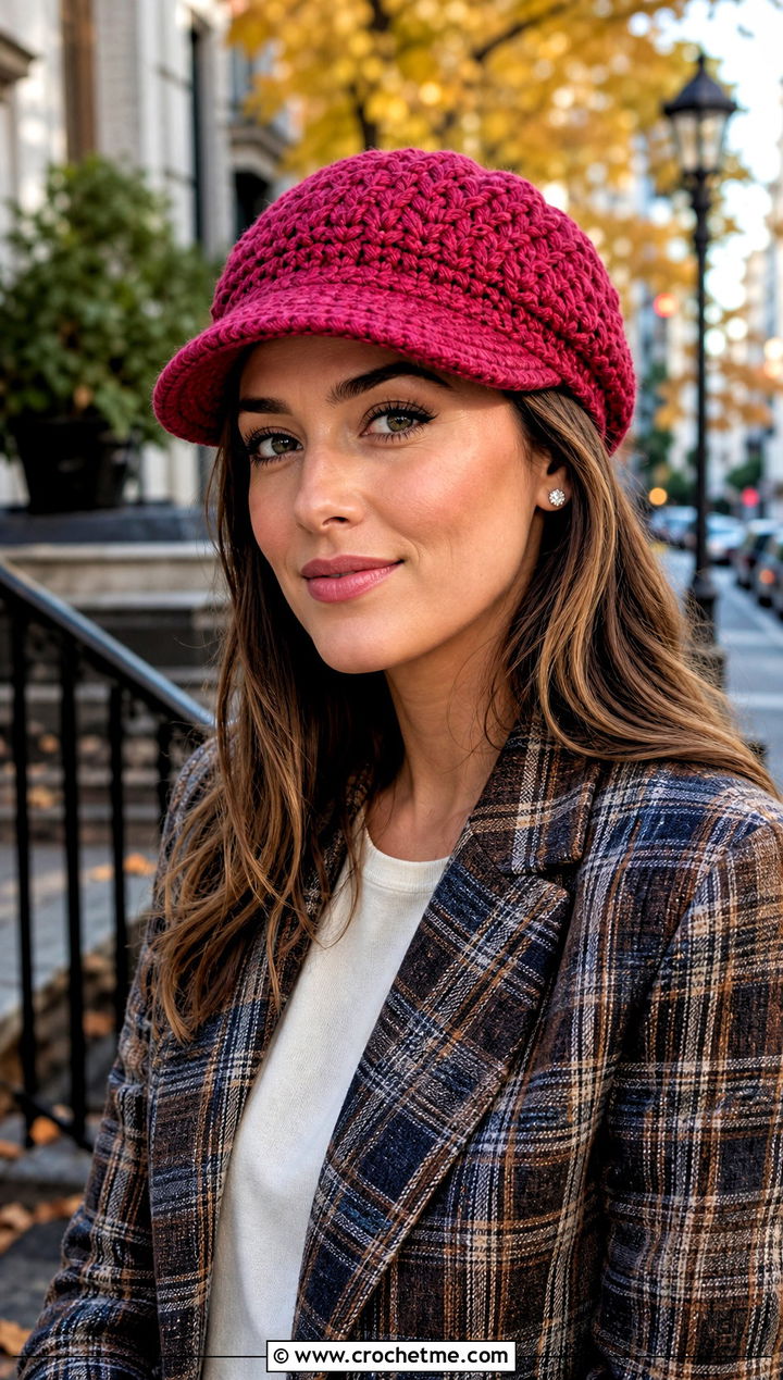 One Hour Crochet Baker Boy Hat With Plaid Blazer - 25 One Hour Crochet Hat outfit ideas
