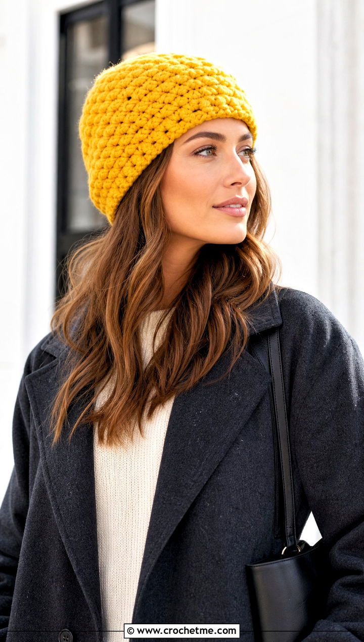 One Hour Crochet Chunky Beanie With Wool Coat - 25 One Hour Crochet Hat outfit ideas
