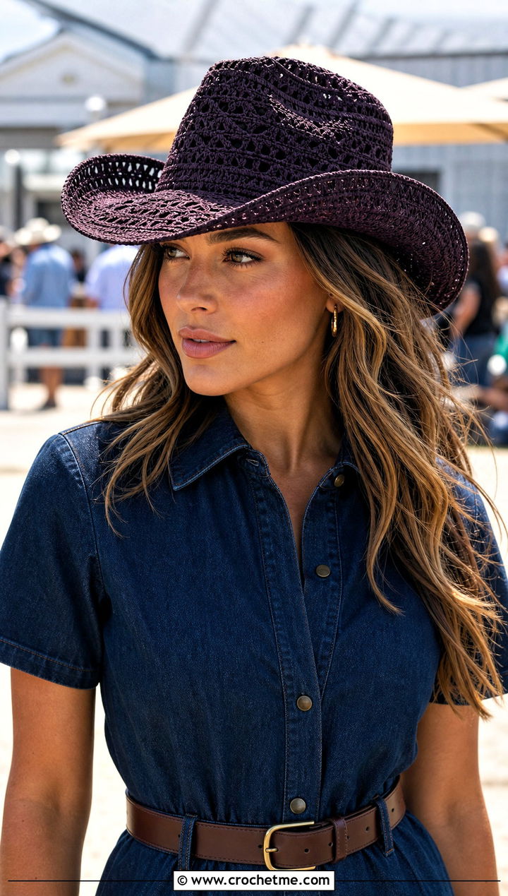 One Hour Crochet Cowboy Hat With Denim Dress - 25 One Hour Crochet Hat outfit ideas