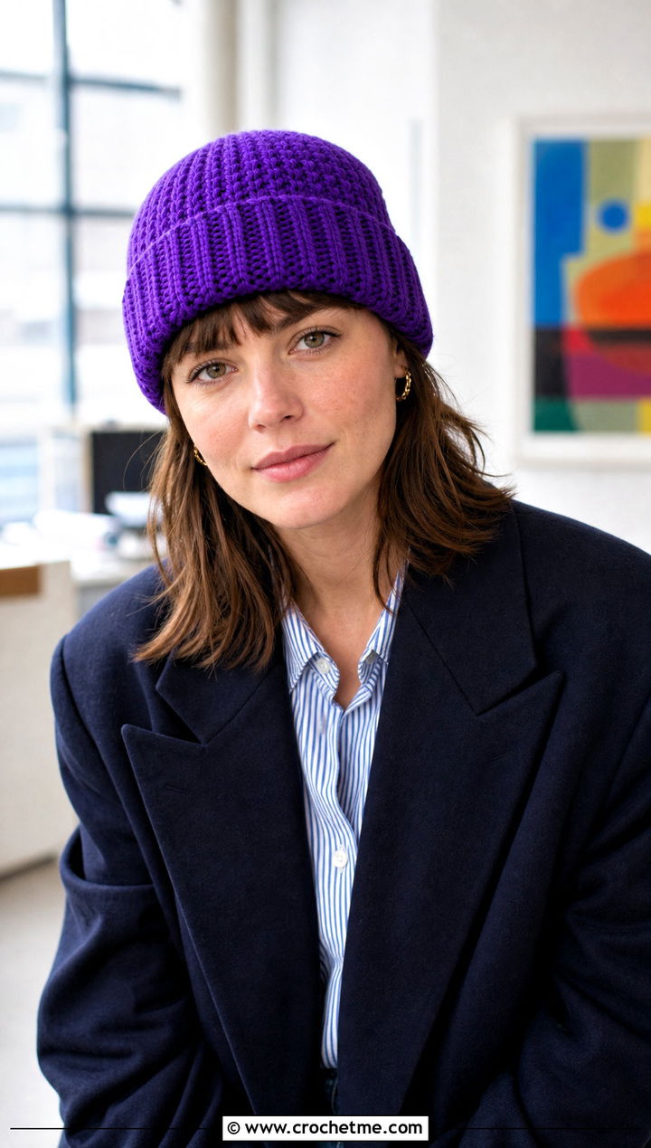 One Hour Crochet Cuffed Beanie With Blazer - 25 One Hour Crochet Hat outfit ideas