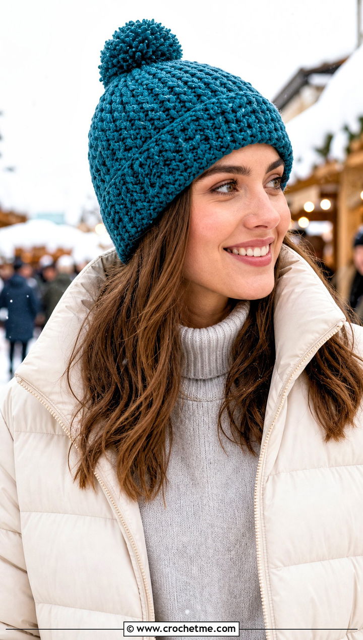 One Hour Crochet Pom Pom Beanie With Puffer Jacket - 25 One Hour Crochet Hat outfit ideas