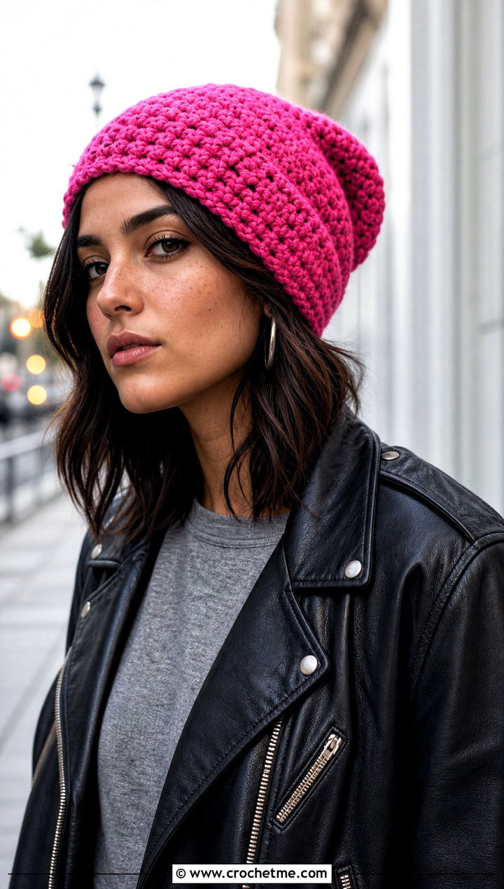 One Hour Crochet Slouchy Beanie With Leather Jacket - 25 One Hour Crochet Hat outfit ideas