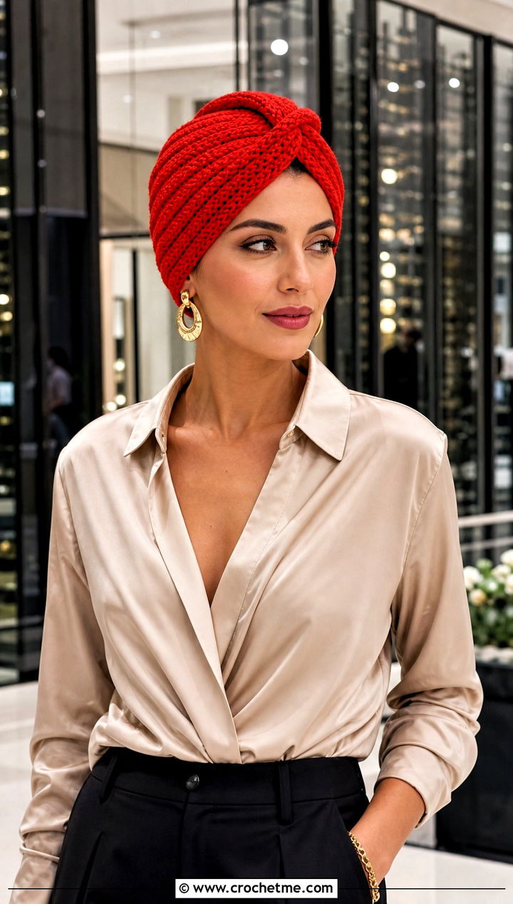 One Hour Crochet Turban Hat With Satin Blouse - 25 One Hour Crochet Hat outfit ideas