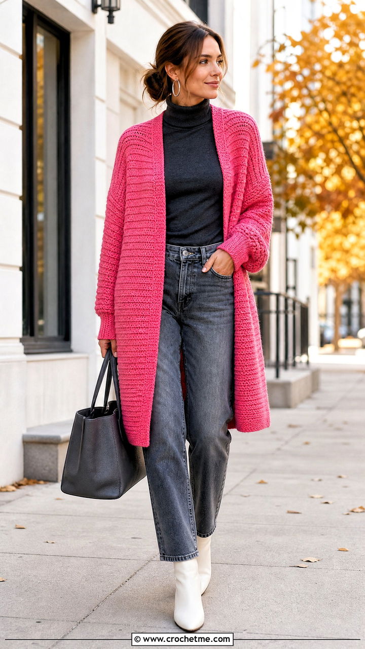 One Panel Crochet Cardigan With a Turtleneck and Jeans - 35 beginner crochet cardigan outfit ideas