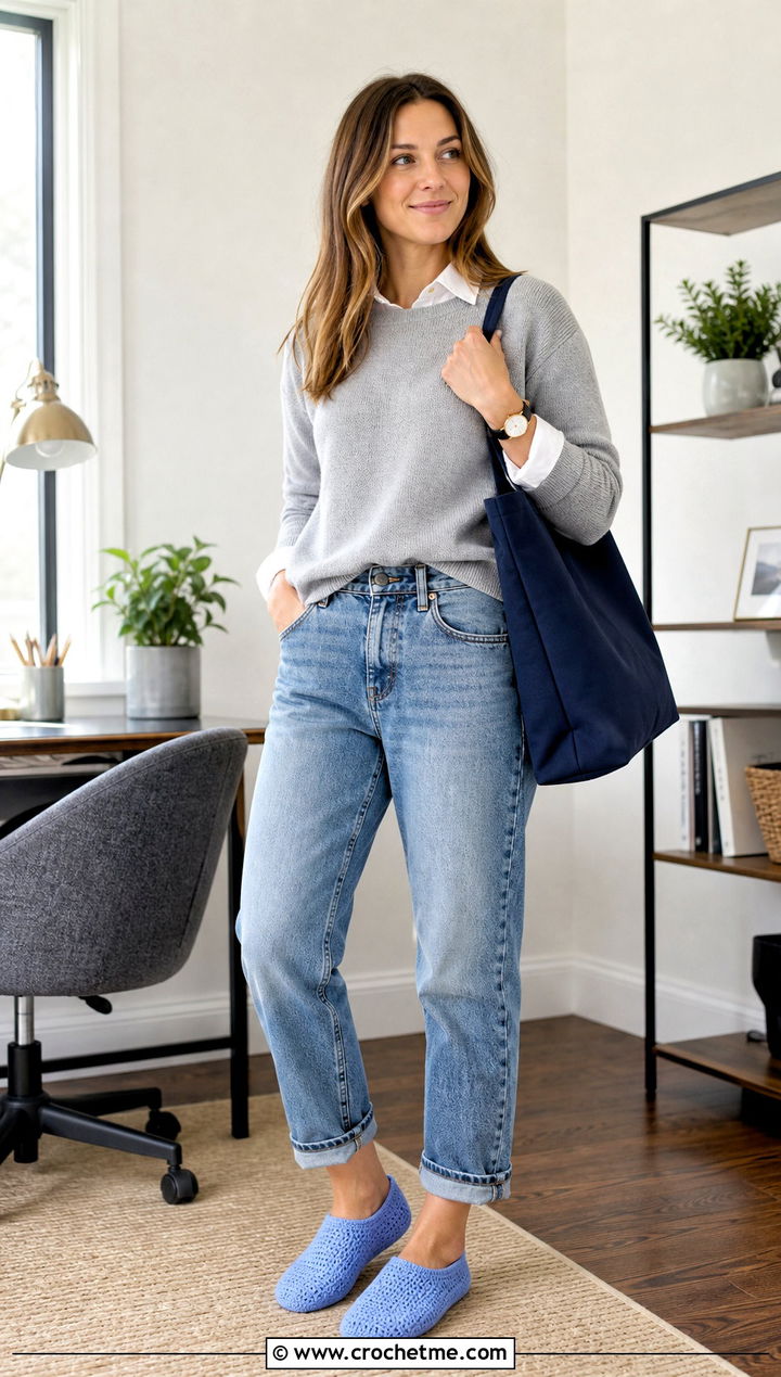 One Piece Crocheted Slippers With a Sweater and Mom Jeans - 35 crocheted slippers outfit ideas