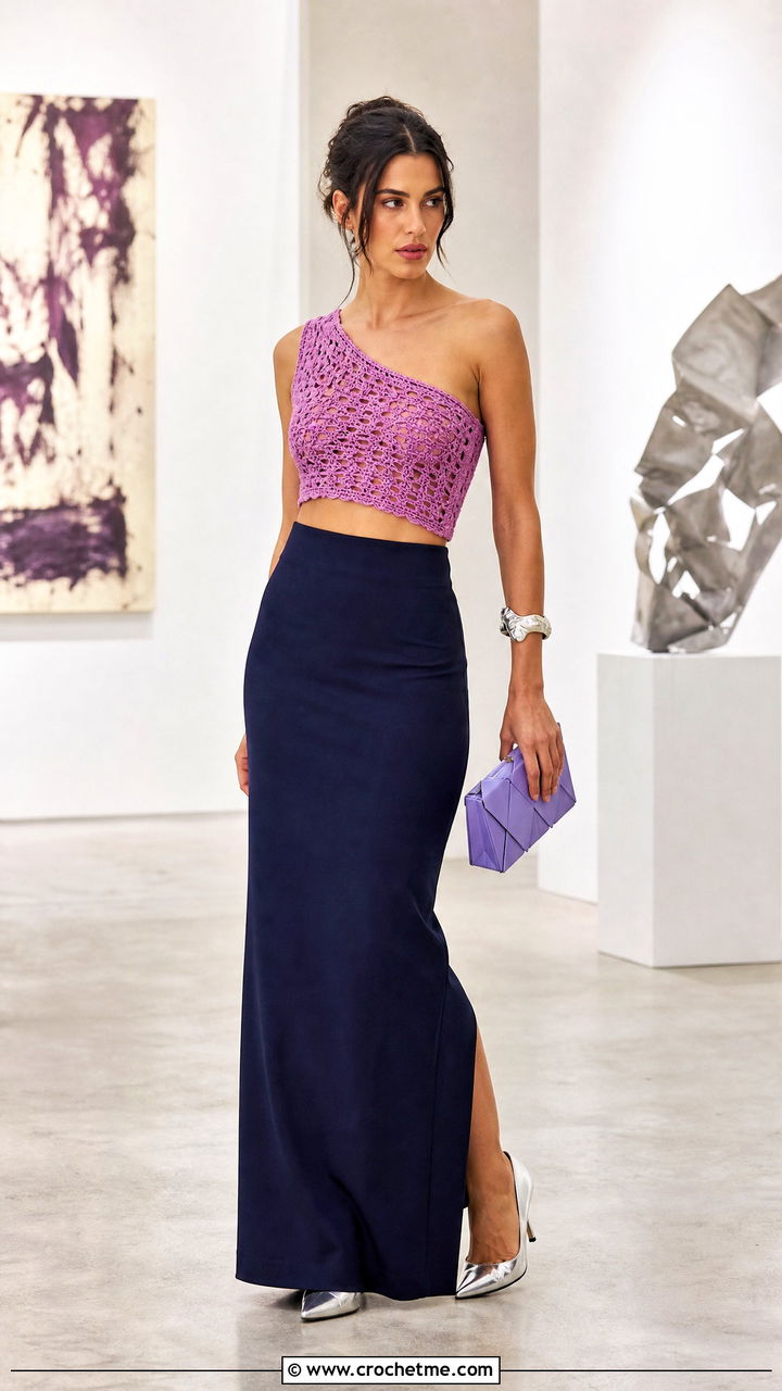 One Shoulder Belly Crochet Top With Column Skirt - 35 Belly Crochet Top outfit ideas