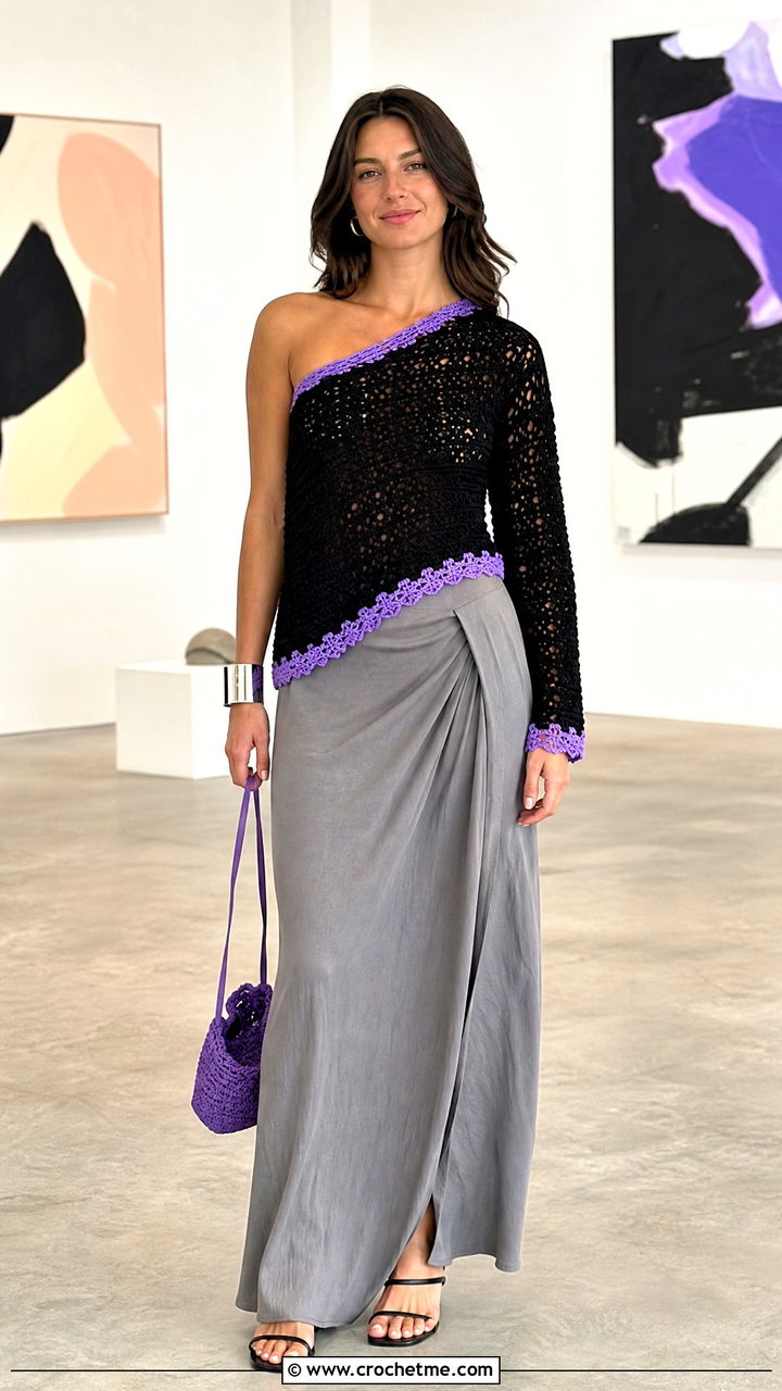 One Shoulder Black Crochet Sweater With Maxi Skirt - 35 black crochet sweater outfit ideas