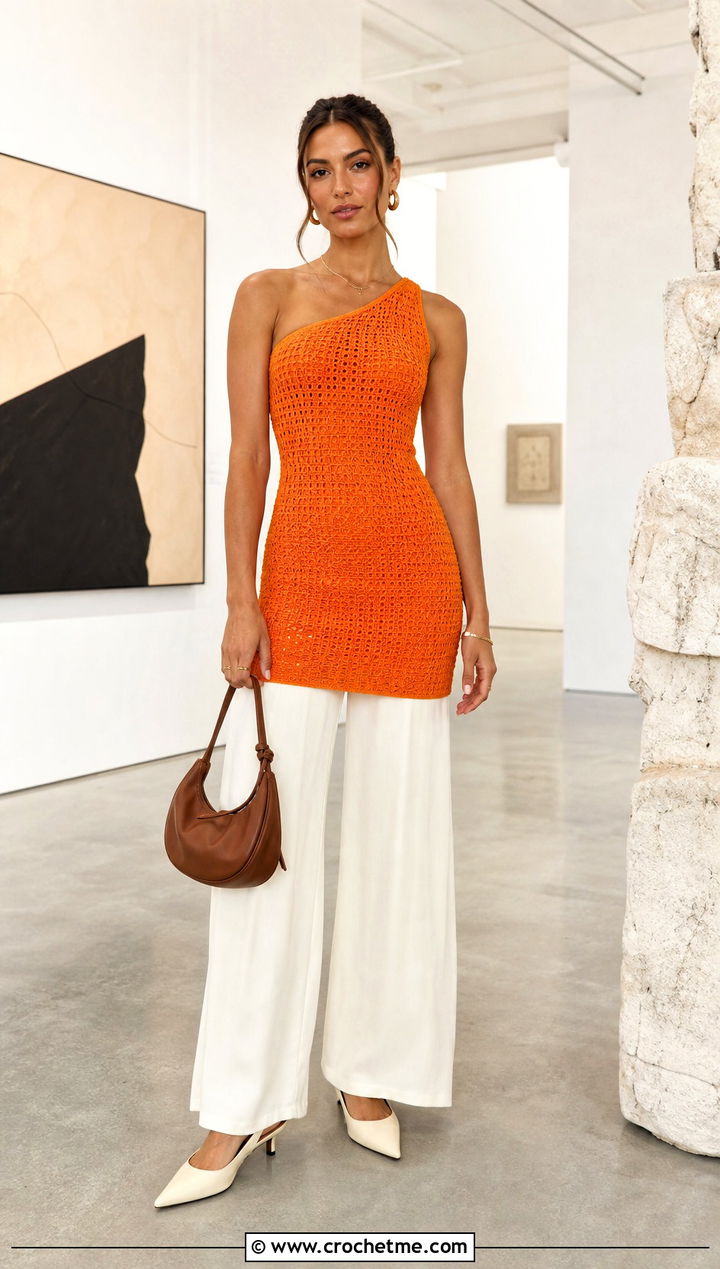 One Shoulder Bodycon Crochet Dress Over Wide Leg Pants - 25 bodycon crochet dress outfit ideas