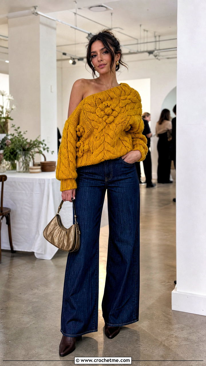One Shoulder Cable Sweater With Wide Leg Jeans - 35 crochet cable sweater outfit ideas