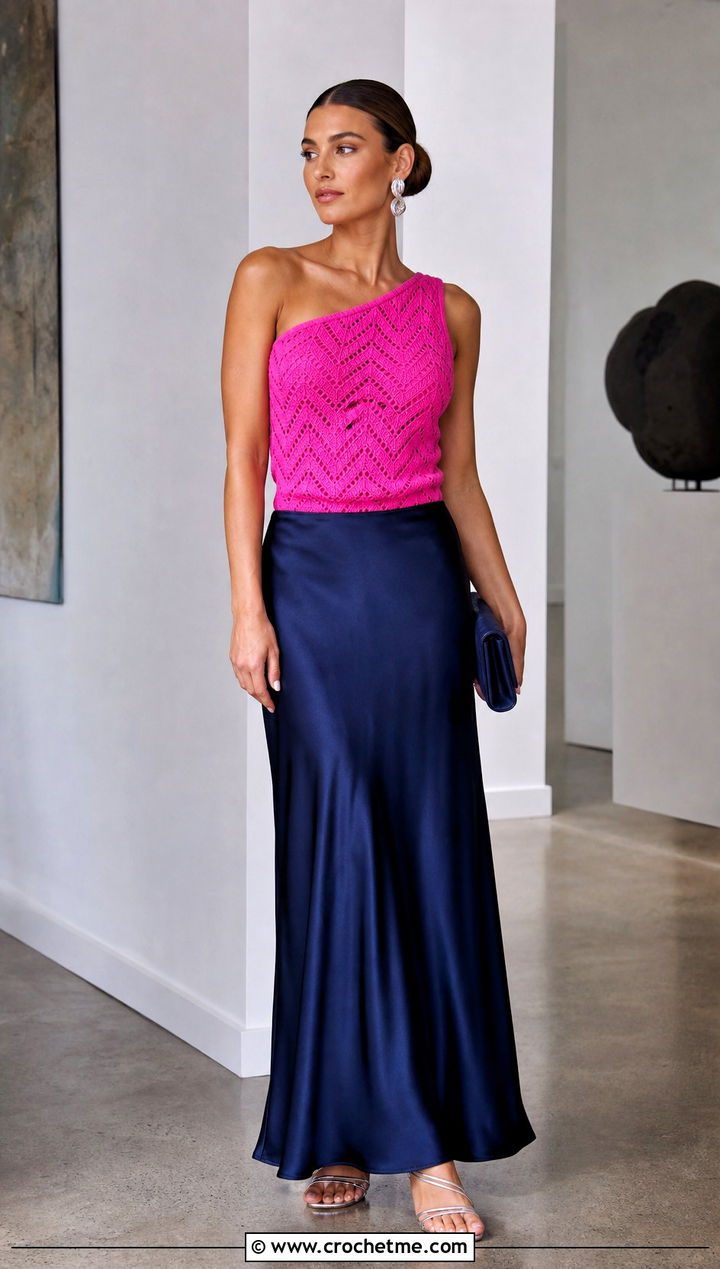 One Shoulder Chevron Crochet Top With Satin Maxi Skirt - 30 crochet chevron top outfit ideas