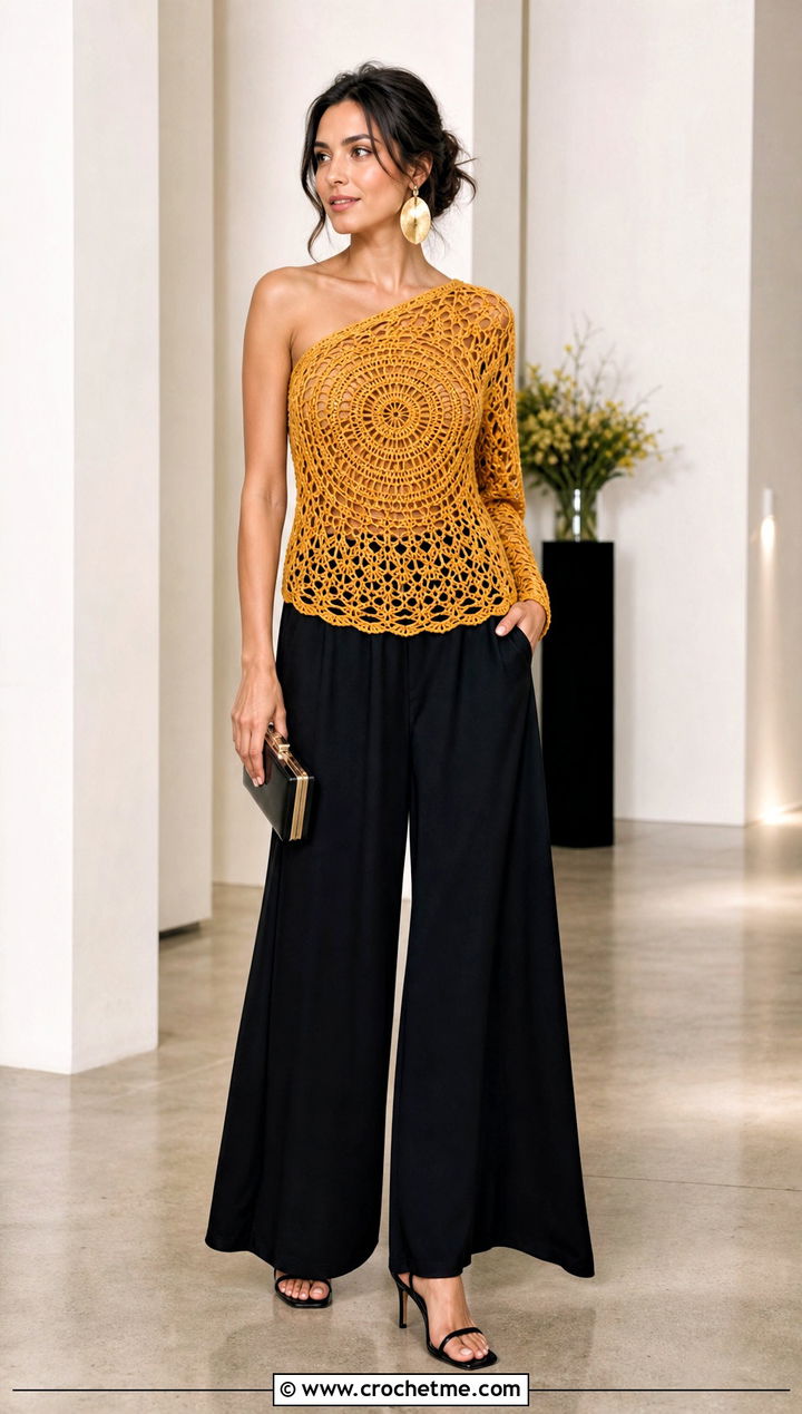 One Shoulder Circle Crochet Sweater With Palazzo Pants - 25 Circle Crochet Sweater outfit ideas