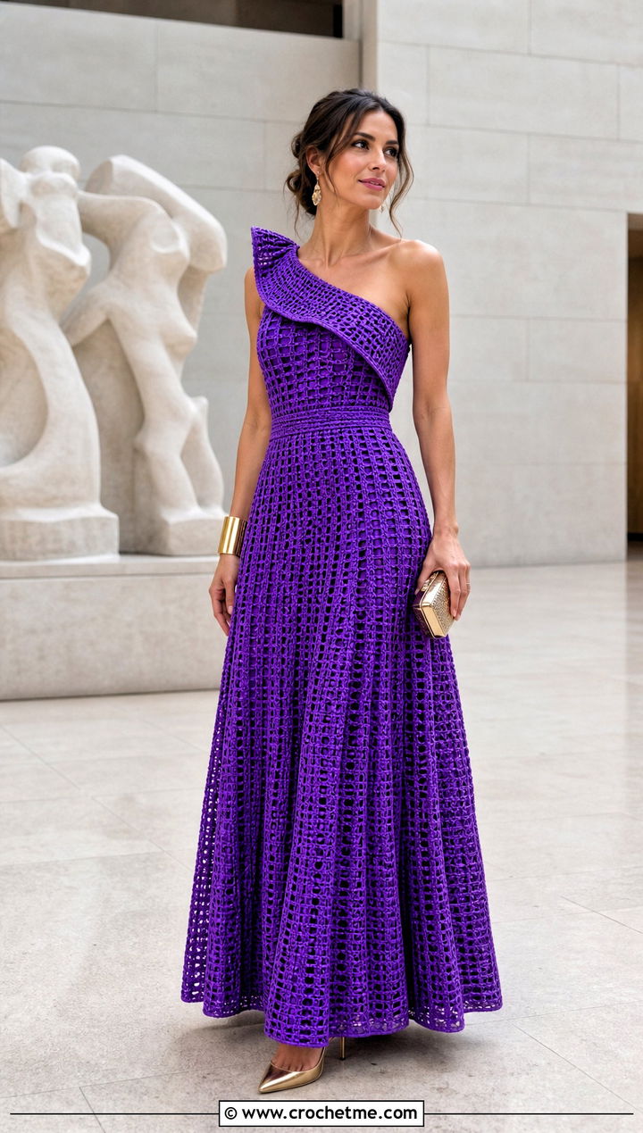 One Shoulder Crochet Ball Gown With Cuff Bracelet - 20 Crochet Ball Gown outfit ideas