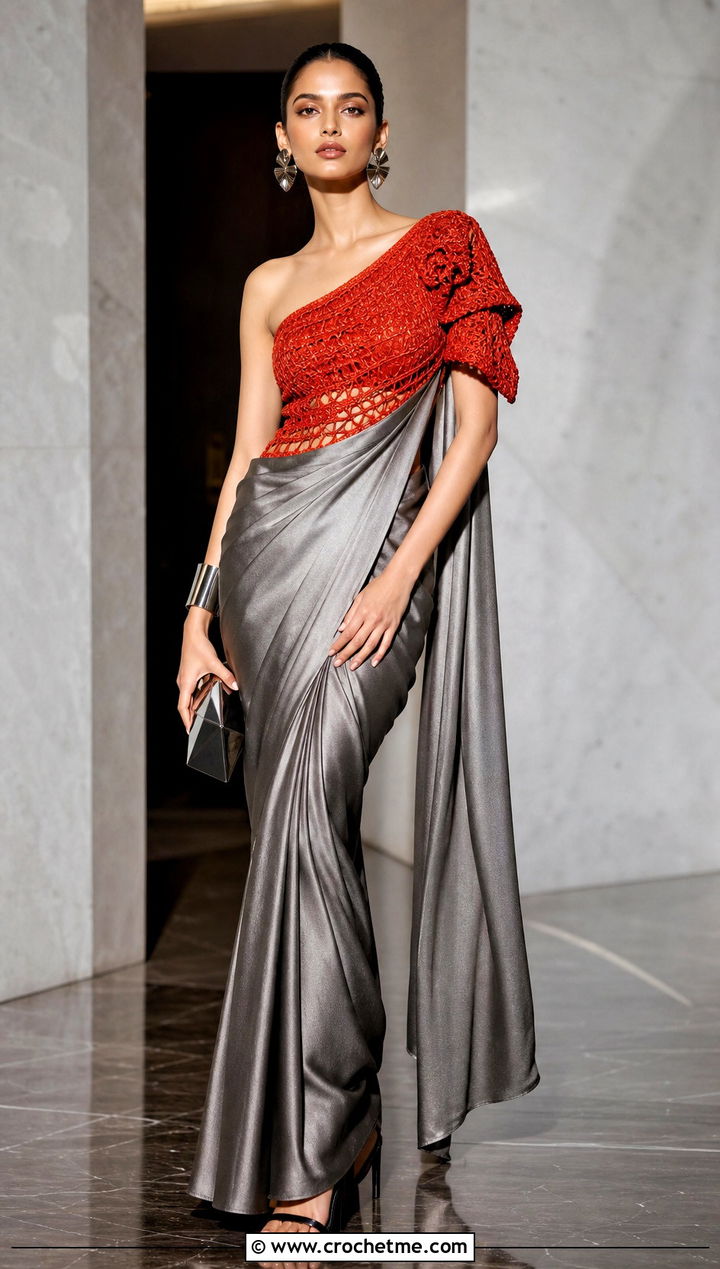 One Shoulder Crochet Blouse With Metallic Saree - 35 Crochet Blouse For Saree outfit ideas