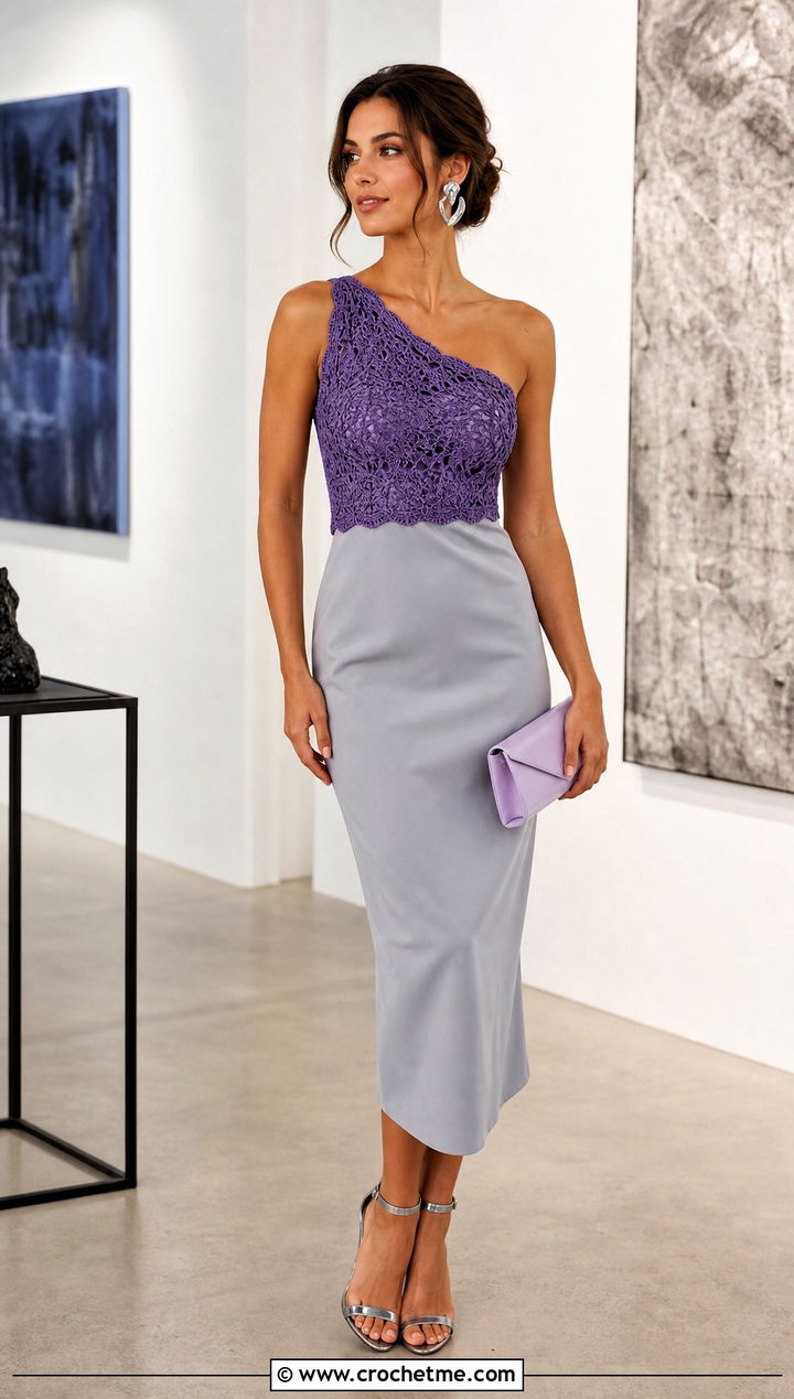 One Shoulder Crochet Bodice Dress With Metallic Heels - 25 crochet bodice dress outfit ideas