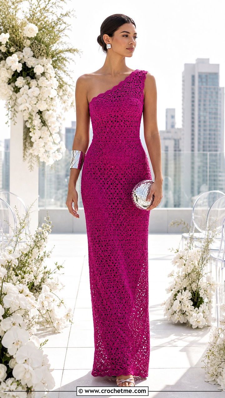 One Shoulder Crochet Bridal Dress With Metallic Cuff - 30 crochet bridal dress outfit ideas