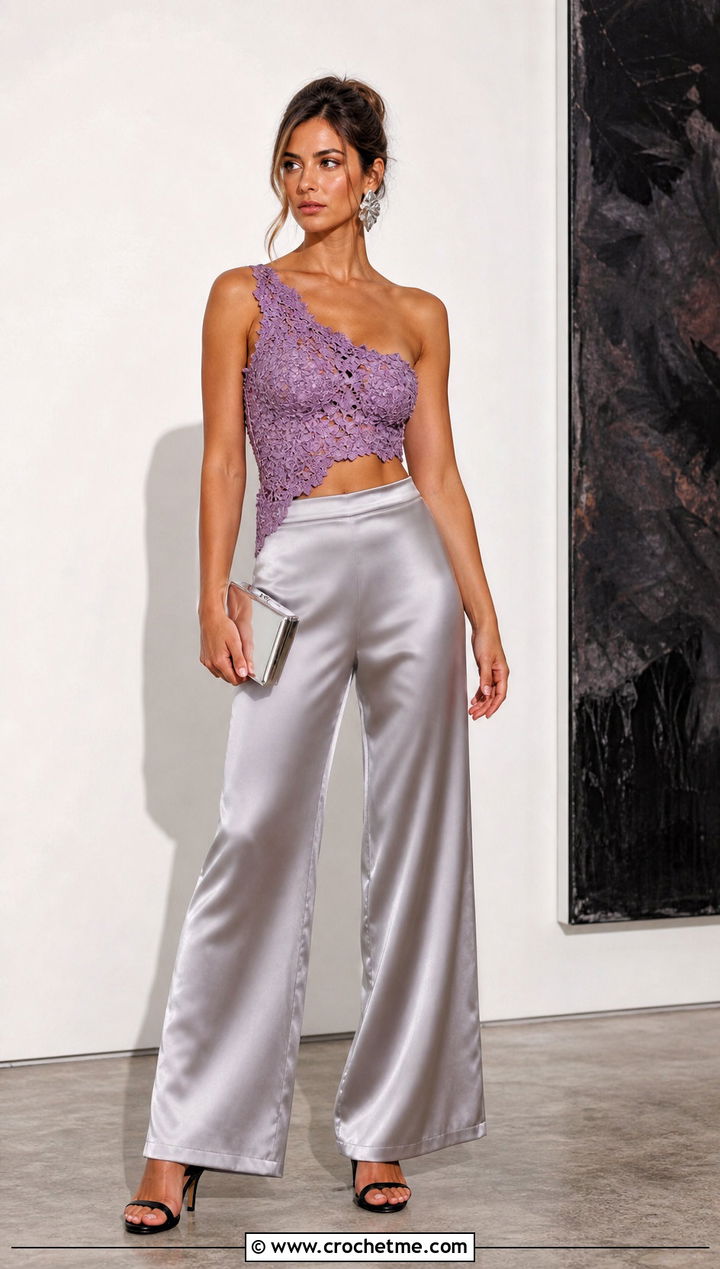 One Shoulder Crochet Bustier With Satin Pants - 30 crochet bustier outfit ideas
