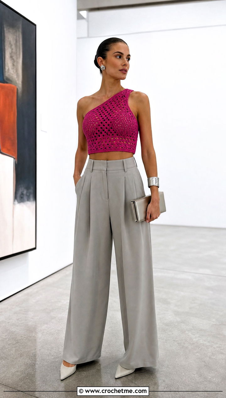 One Shoulder Crochet Crop Top With Pleated Trousers - 15 crochet crop tops for women outfit ideas