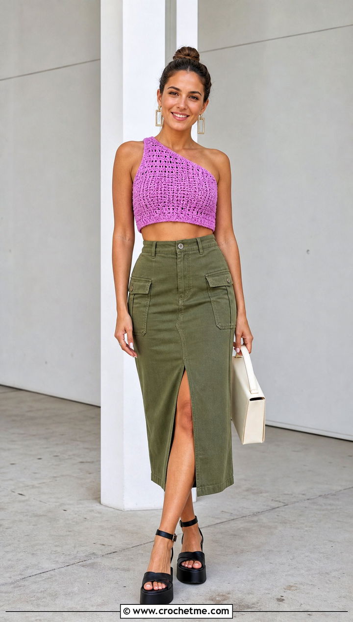 One Shoulder Crochet Crop Top With Utility Skirt - 15 crochet knitted crop top outfit ideas