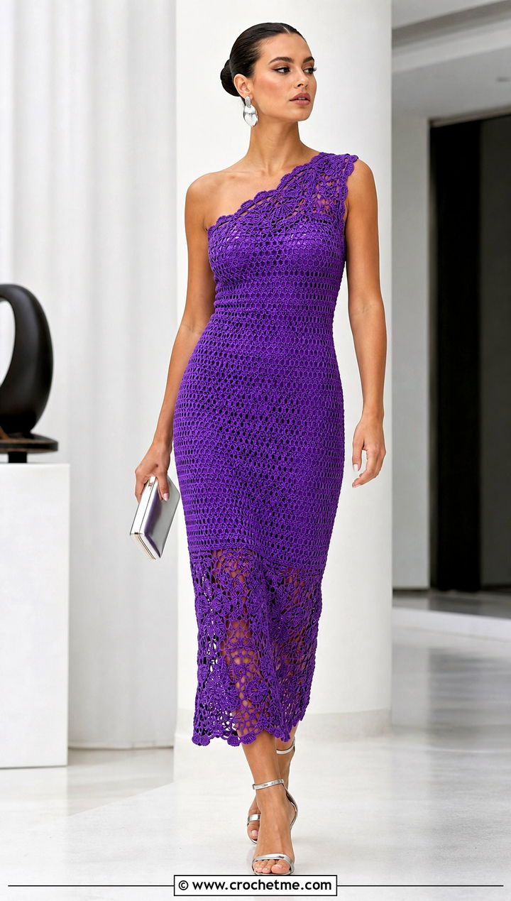 One Shoulder Crochet Dress With Sculptural Earrings - 35 Formal Crochet Dress outfit ideas