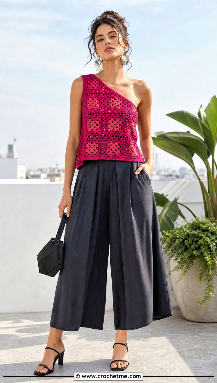 One Shoulder Crochet Granny Top With Culottes - 25 crochet granny top outfit ideas