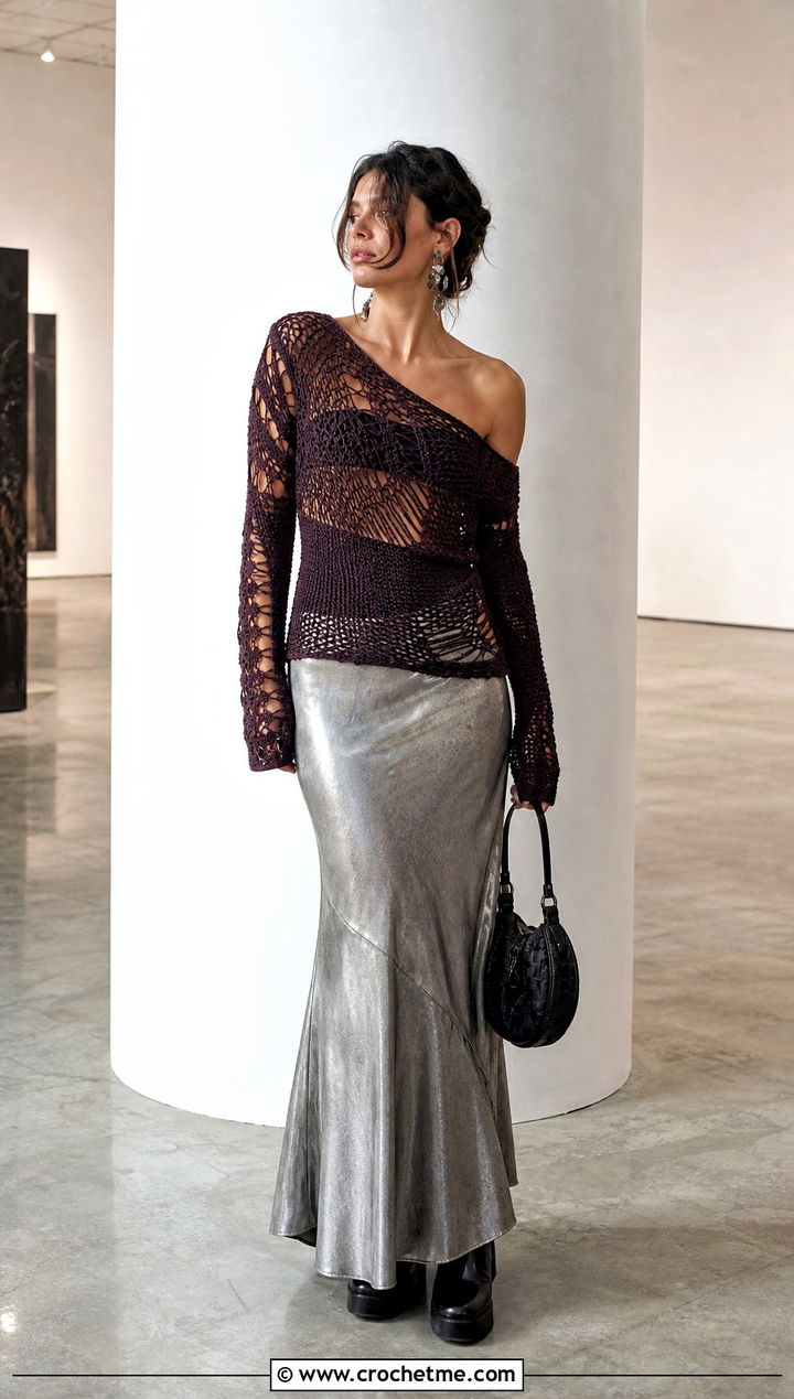 One Shoulder Crochet Grunge Top With Metallic Maxi Skirt - 30 crochet grunge top outfit ideas