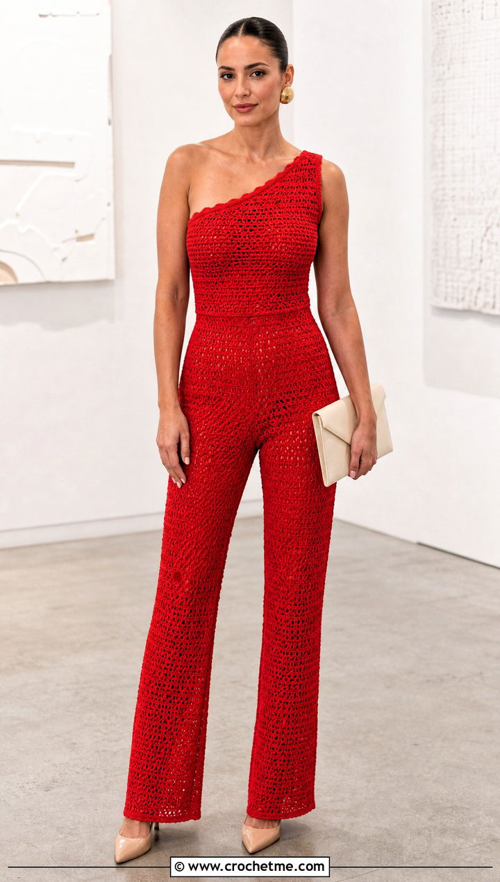 One Shoulder Crochet Jumpsuit With Pointed Pumps - 30 Women Crochet Jumpsuit outfit ideas
