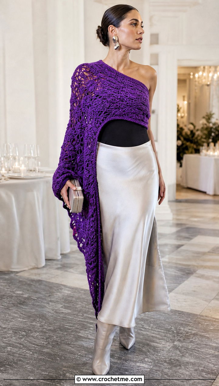 One Shoulder Crochet Katniss Shawl With Satin Midi Skirt - 20 Crochet Katniss Shawl outfit ideas