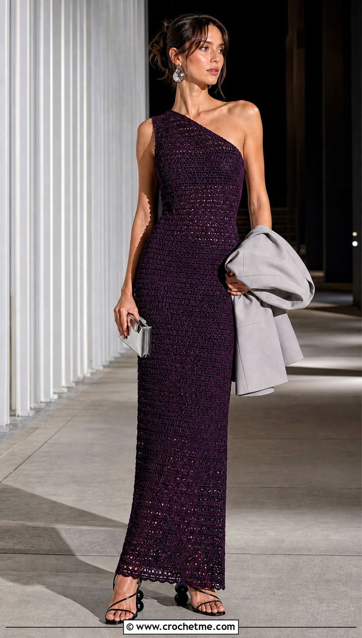 One Shoulder Crochet Long Dress With Sculptural Heels - 25 Crochet Long Dresses outfit ideas