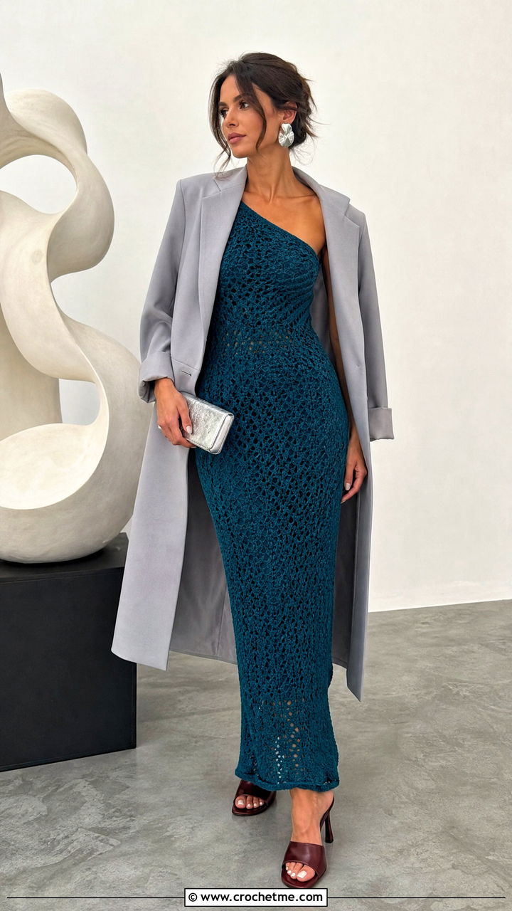 One Shoulder Crochet Maxi Dress With Long Blazer - 35 Crochet Maxi Dress outfit ideas