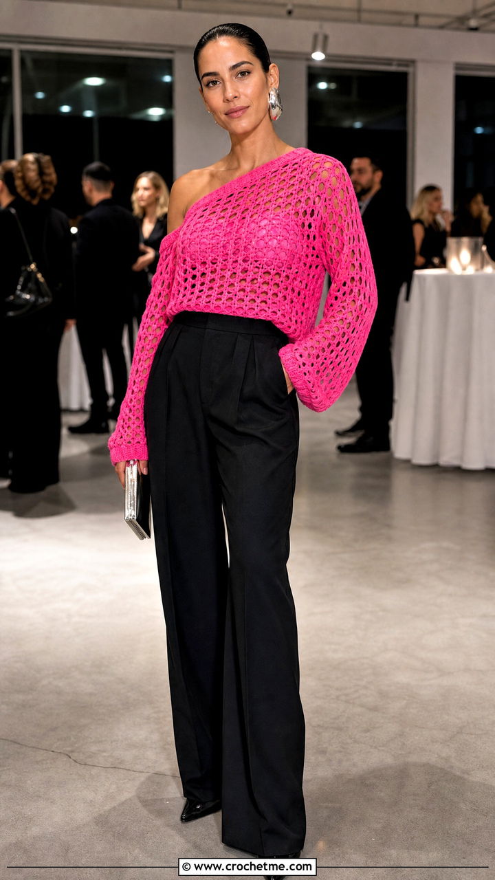 One Shoulder Crochet Mesh Sweater With Tailored Pants - 35 crochet mesh sweater outfit ideas
