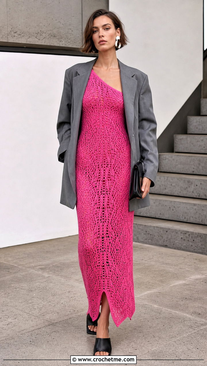 One Shoulder Crochet Nightgown With Oversized Blazer - 35 crochet nightgown outfit ideas