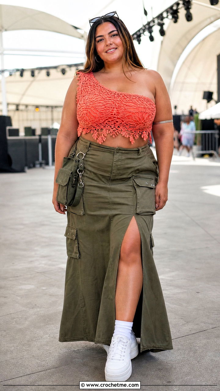 One Shoulder Crochet Rave Top With Cargo Maxi Skirt - 35 crochet rave top outfit ideas