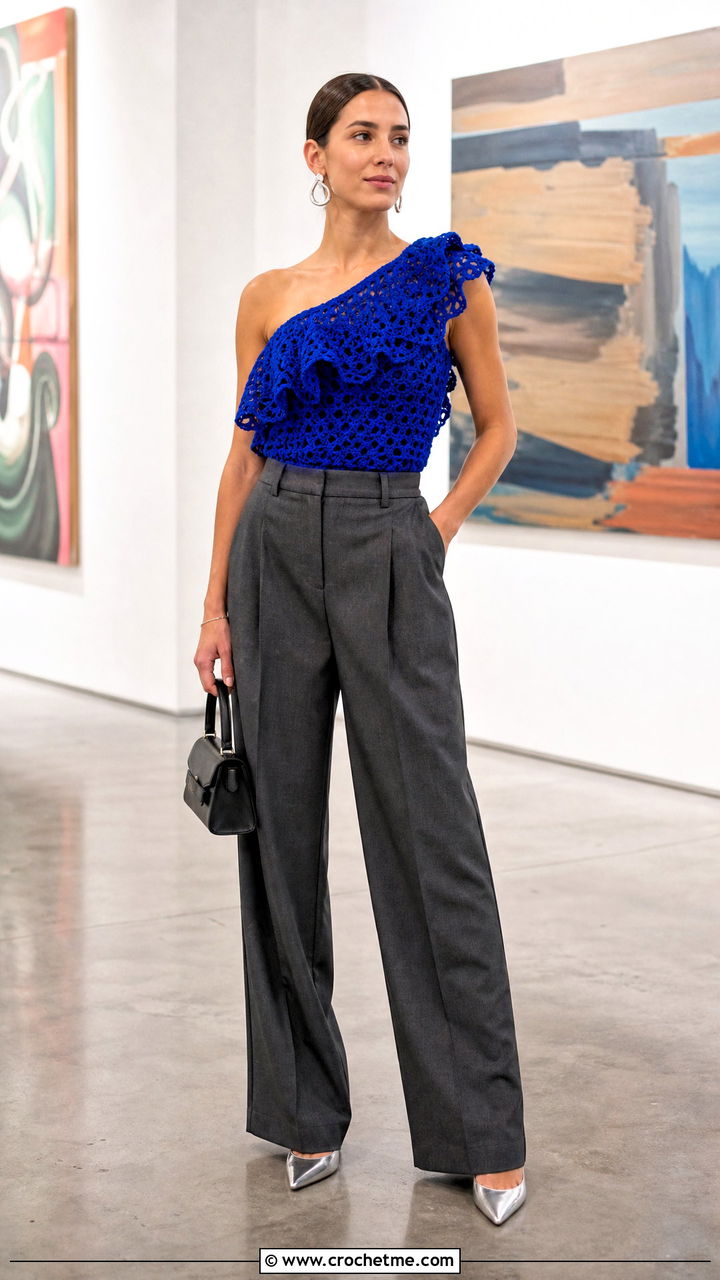 One Shoulder Crochet Ruffle Top With Tailored Trousers - 35 crochet ruffle top outfit ideas