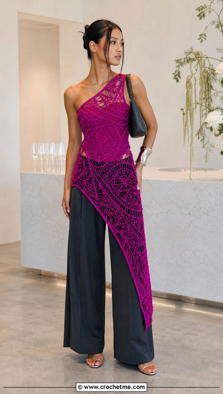 One Shoulder Crochet Spider Web Midi Dress With Wide Leg Pants - 30 crochet spider web dress outfit ideas