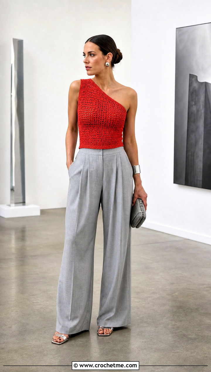 One Shoulder Crochet Tank Top With Pleated Trousers - 15 crochet tank tops on hangers outfit ideas