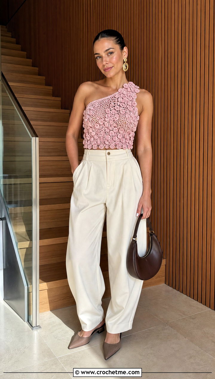 One Shoulder Crochet Top With Barrel Leg Pants - 15 pink crochet top on wooden background outfit ideas