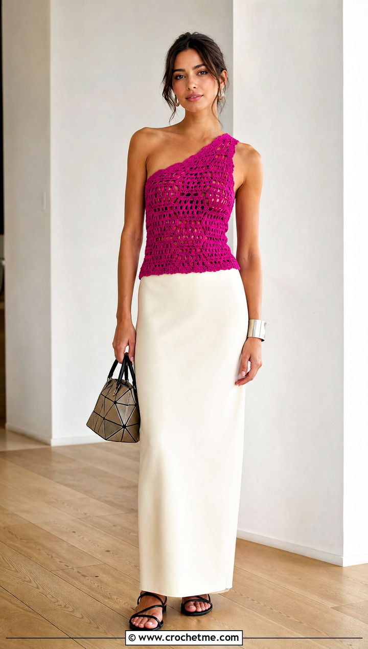 One Shoulder Crochet Top With Column Maxi Skirt - 15 crochet top on wooden floor outfit ideas