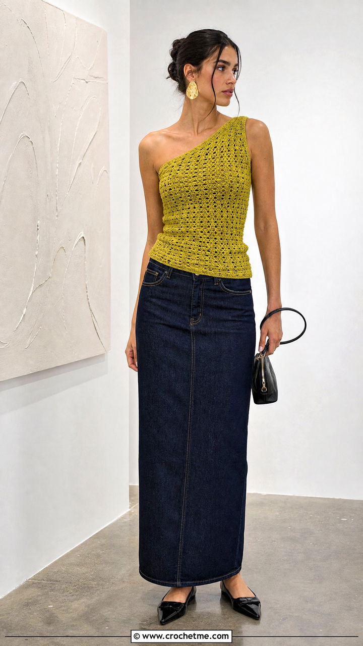 One Shoulder Crochet Top With Column Skirt - 35 colorful crochet top outfit ideas